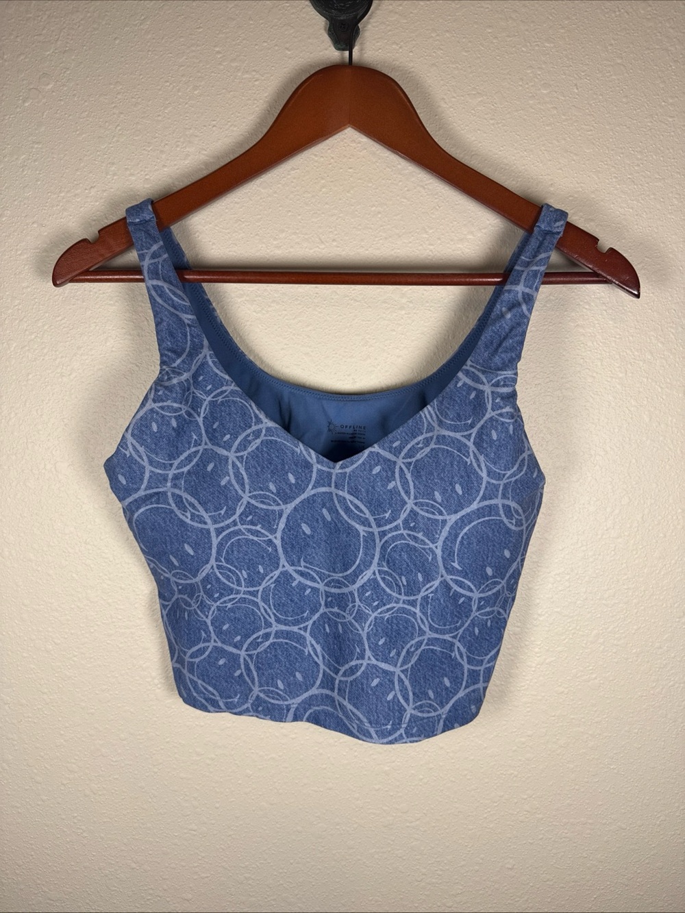 Aerie Offline Match Made In Denim Real Me Smiley Face Tank Cropped Blue L